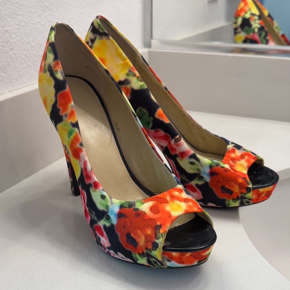 Nine West Multicolor Floral Peep-Toe Heels